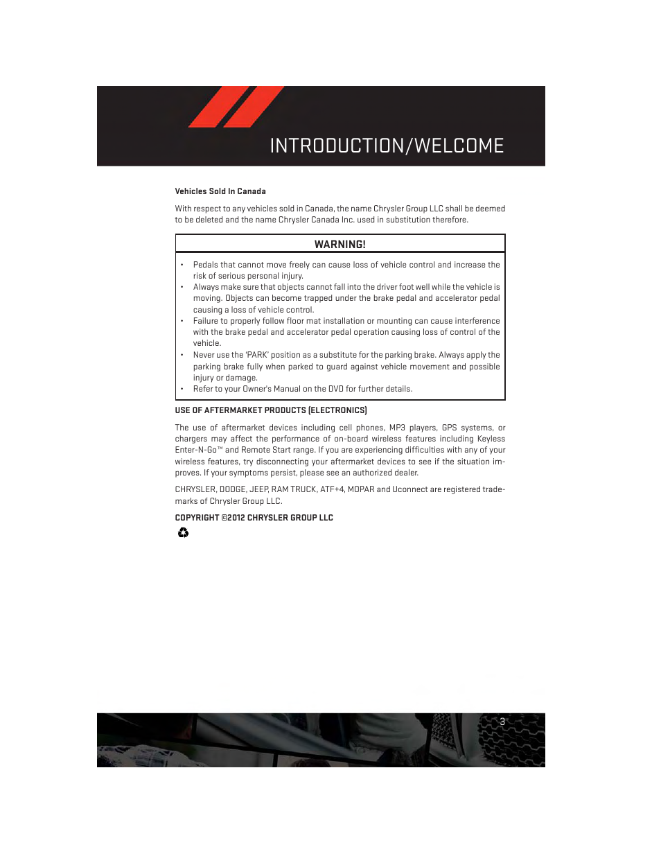 Vehicles sold in canada, Use of aftermarket products (electronics), Introduction/welcome | Dodge 2012 Challenger-SRT - User Guide User Manual | Page 5 / 132