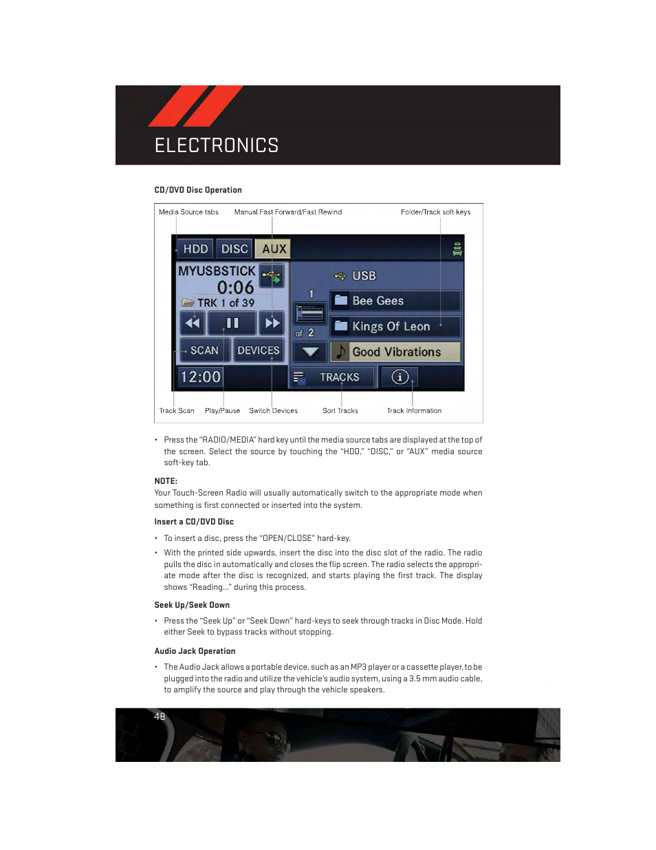 Cd/dvd disc operation, Audio jack operation, Electronics | Dodge 2012 Challenger-SRT - User Guide User Manual | Page 50 / 132