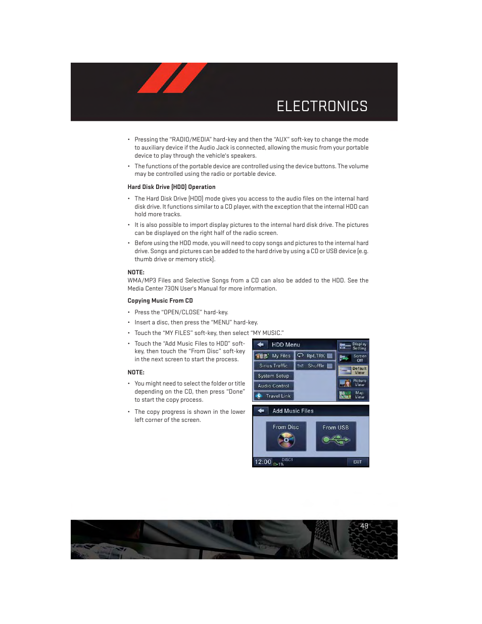 Hard disk drive (hdd) operation, Electronics | Dodge 2012 Challenger-SRT - User Guide User Manual | Page 51 / 132