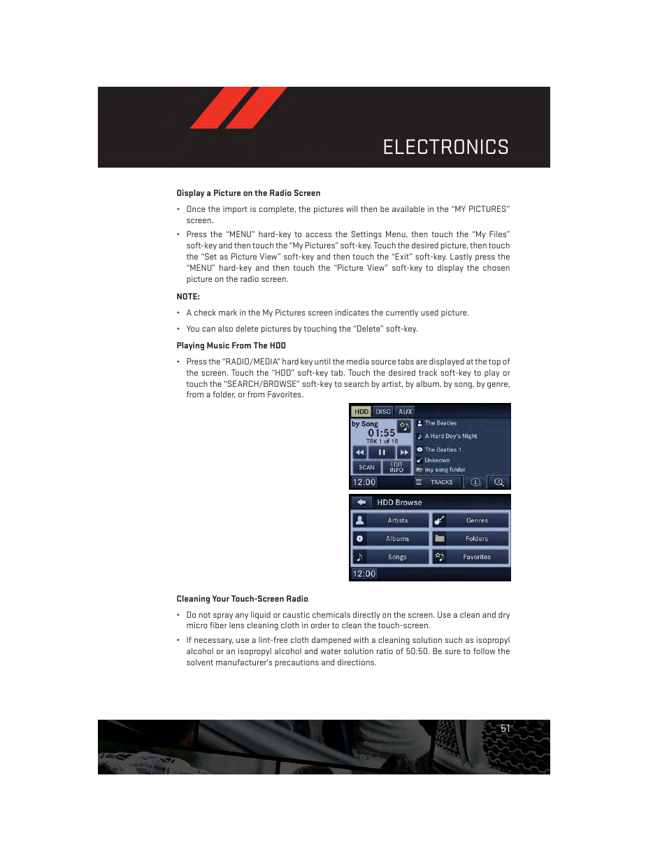 Cleaning your touch-screen radio, Electronics | Dodge 2012 Challenger-SRT - User Guide User Manual | Page 53 / 132