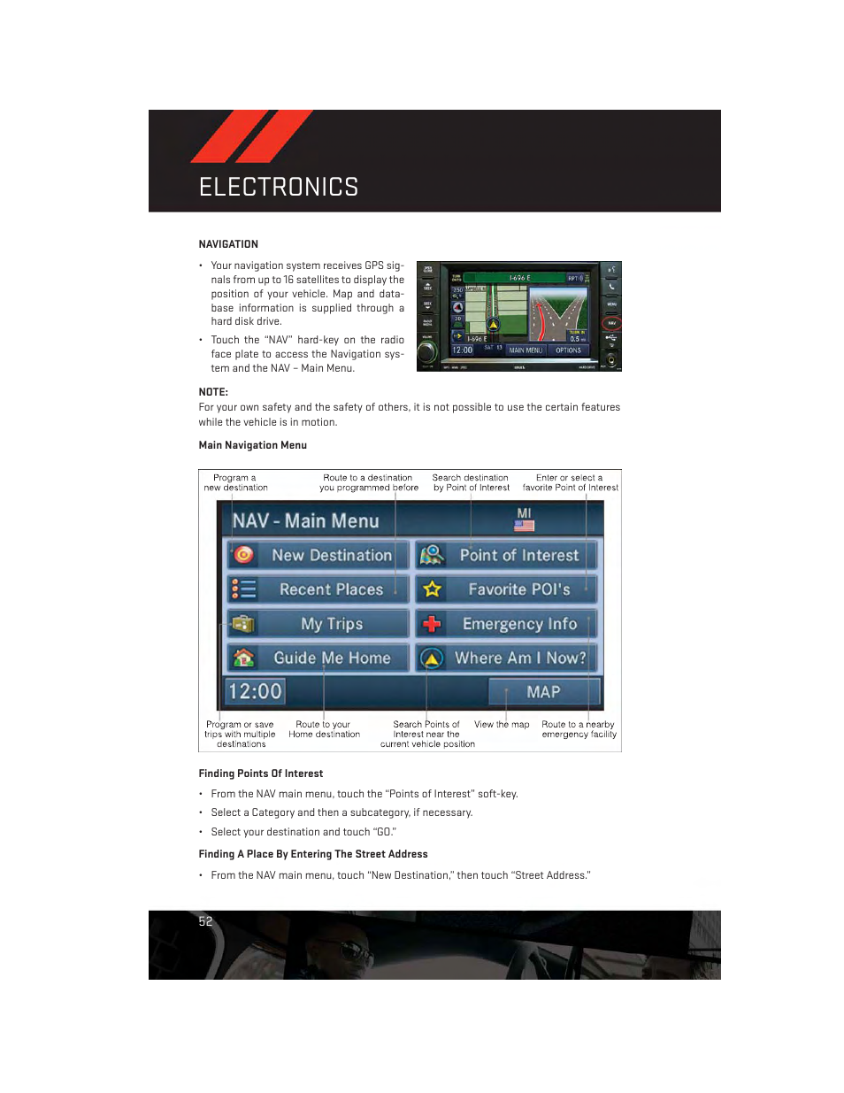 Navigation, Main navigation menu, Electronics | Dodge 2012 Challenger-SRT - User Guide User Manual | Page 54 / 132