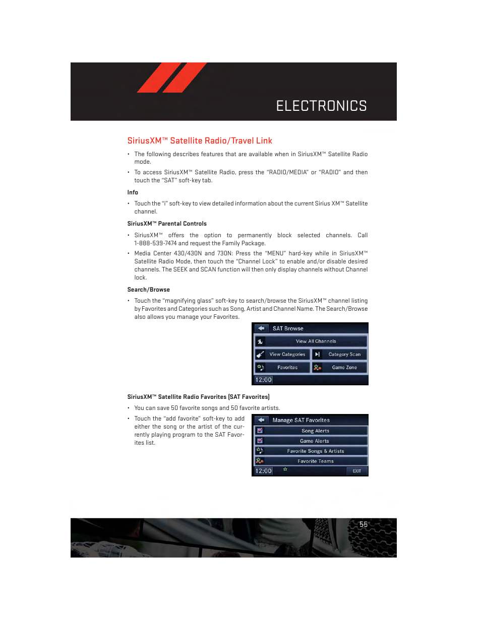 Siriusxm™ satellite radio/travel link, Electronics | Dodge 2012 Challenger-SRT - User Guide User Manual | Page 57 / 132