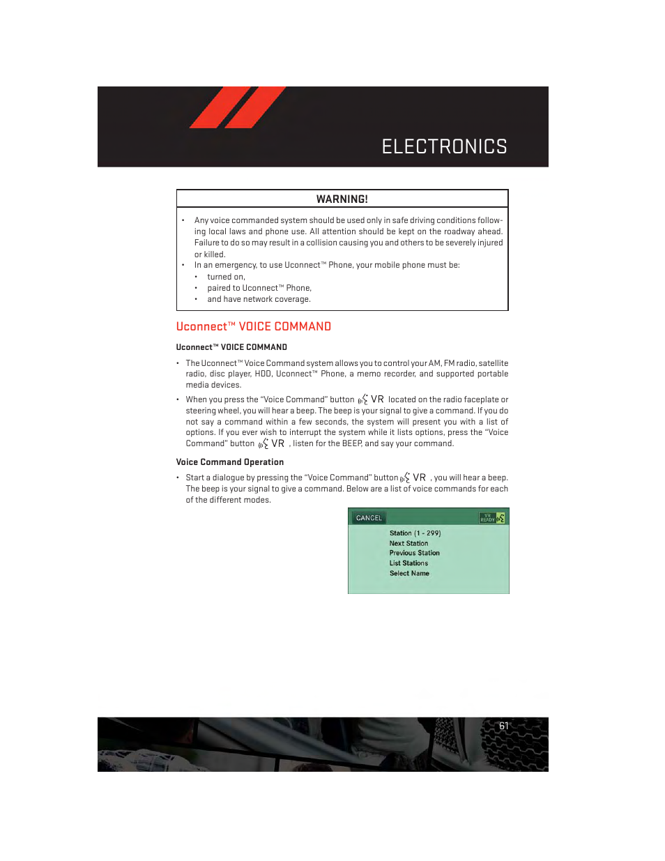 Uconnect™ voice command, Electronics | Dodge 2012 Challenger-SRT - User Guide User Manual | Page 63 / 132