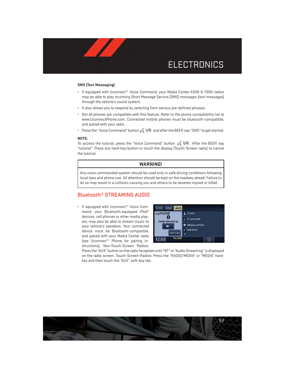 Sms (text messaging), Bluetooth® streaming audio, Electronics | Dodge 2012 Challenger-SRT - User Guide User Manual | Page 65 / 132