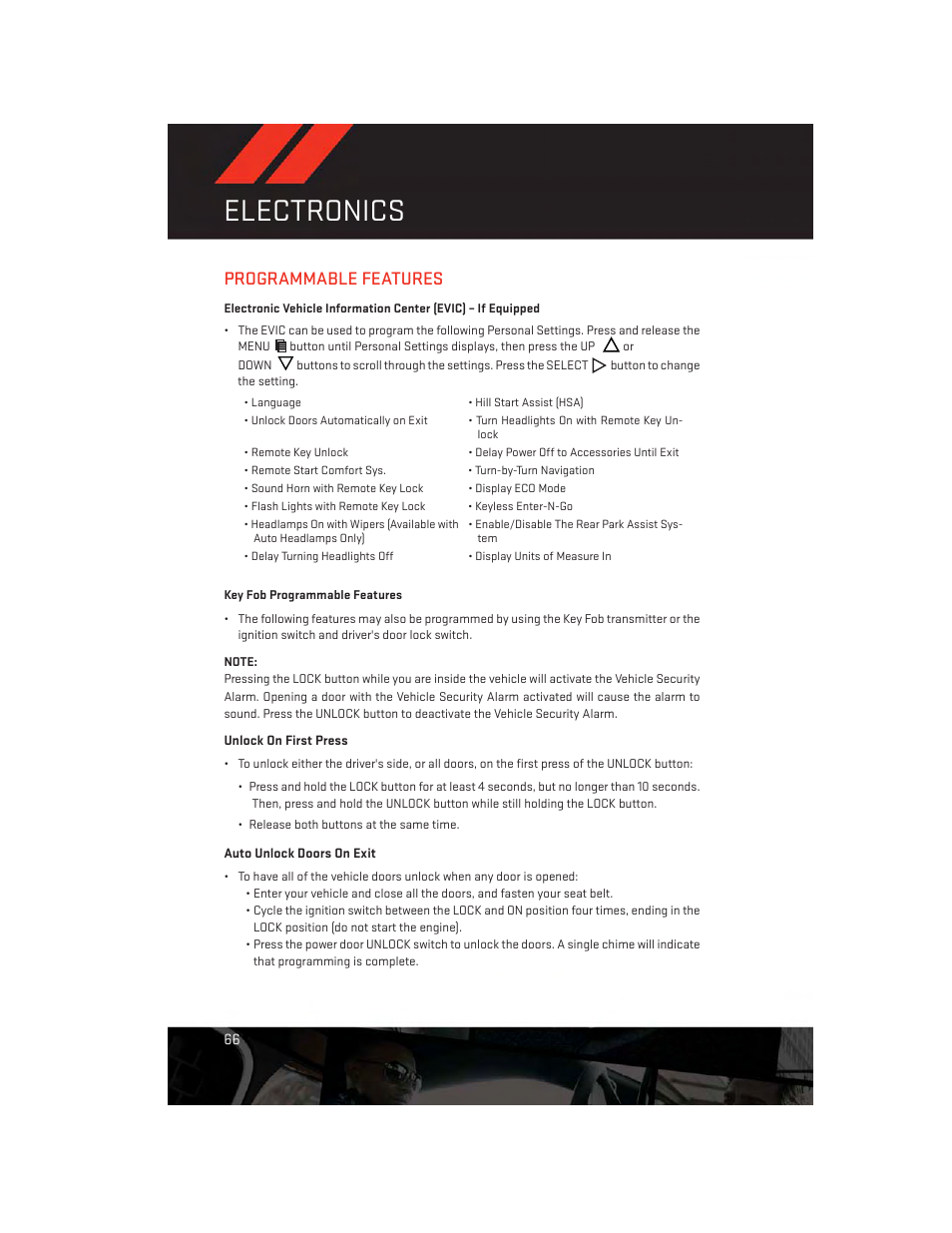 Programmable features, Key fob programmable features, Electronics | Dodge 2012 Challenger-SRT - User Guide User Manual | Page 68 / 132