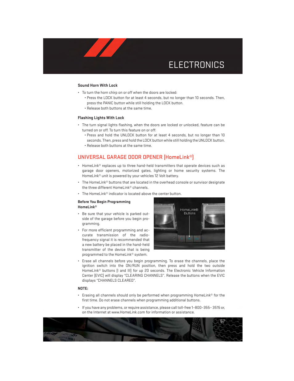 Universal garage door opener (homelink®), Before you begin programming homelink, Universal garage door opener | Homelink®), Electronics | Dodge 2012 Challenger-SRT - User Guide User Manual | Page 69 / 132