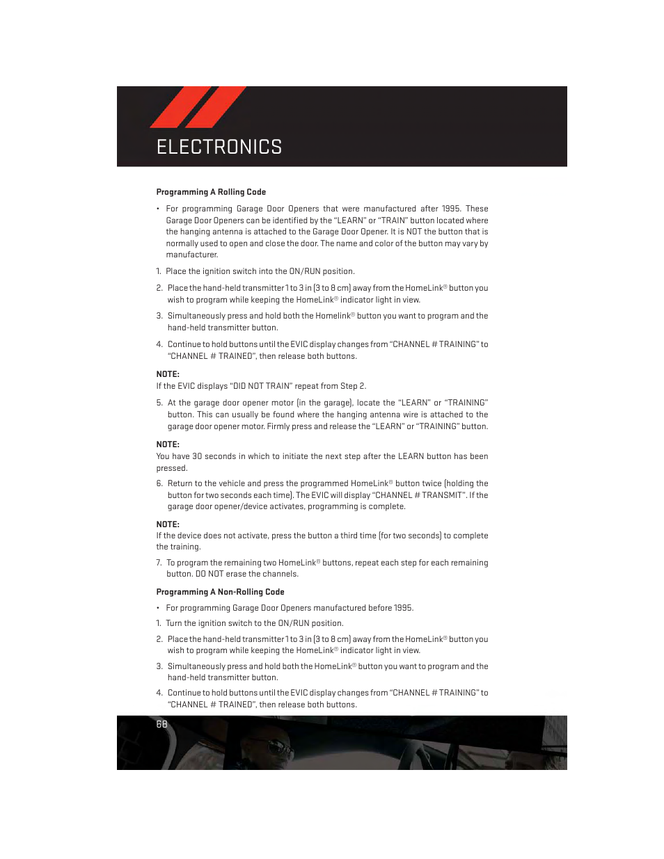 Programming a rolling code, Programming a non-rolling code, Electronics | Dodge 2012 Challenger-SRT - User Guide User Manual | Page 70 / 132