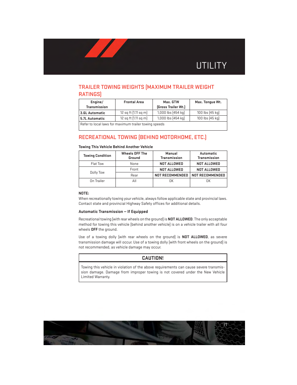 Utility, Recreational towing (behind motorhome, etc.), Towing this vehicle behind another vehicle | Trailer towing weights (maximum trailer, Weight ratings), Recreational towing (behind, Motorhome, etc.), Caution | Dodge 2012 Challenger-SRT - User Guide User Manual | Page 73 / 132