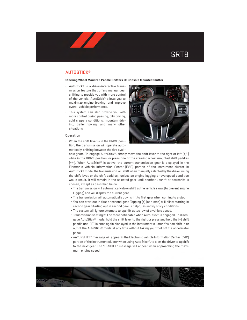 Srt8, Autostick | Dodge 2012 Challenger-SRT - User Guide User Manual | Page 75 / 132