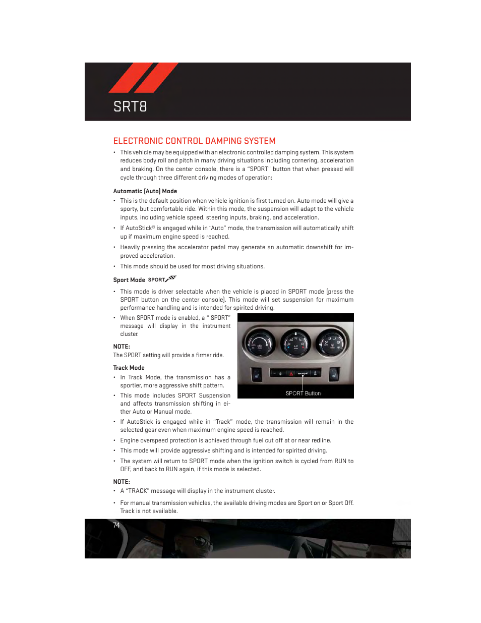 Electronic control damping system, Automatic (auto) mode, Sport mode | Track mode, Srt8 | Dodge 2012 Challenger-SRT - User Guide User Manual | Page 76 / 132