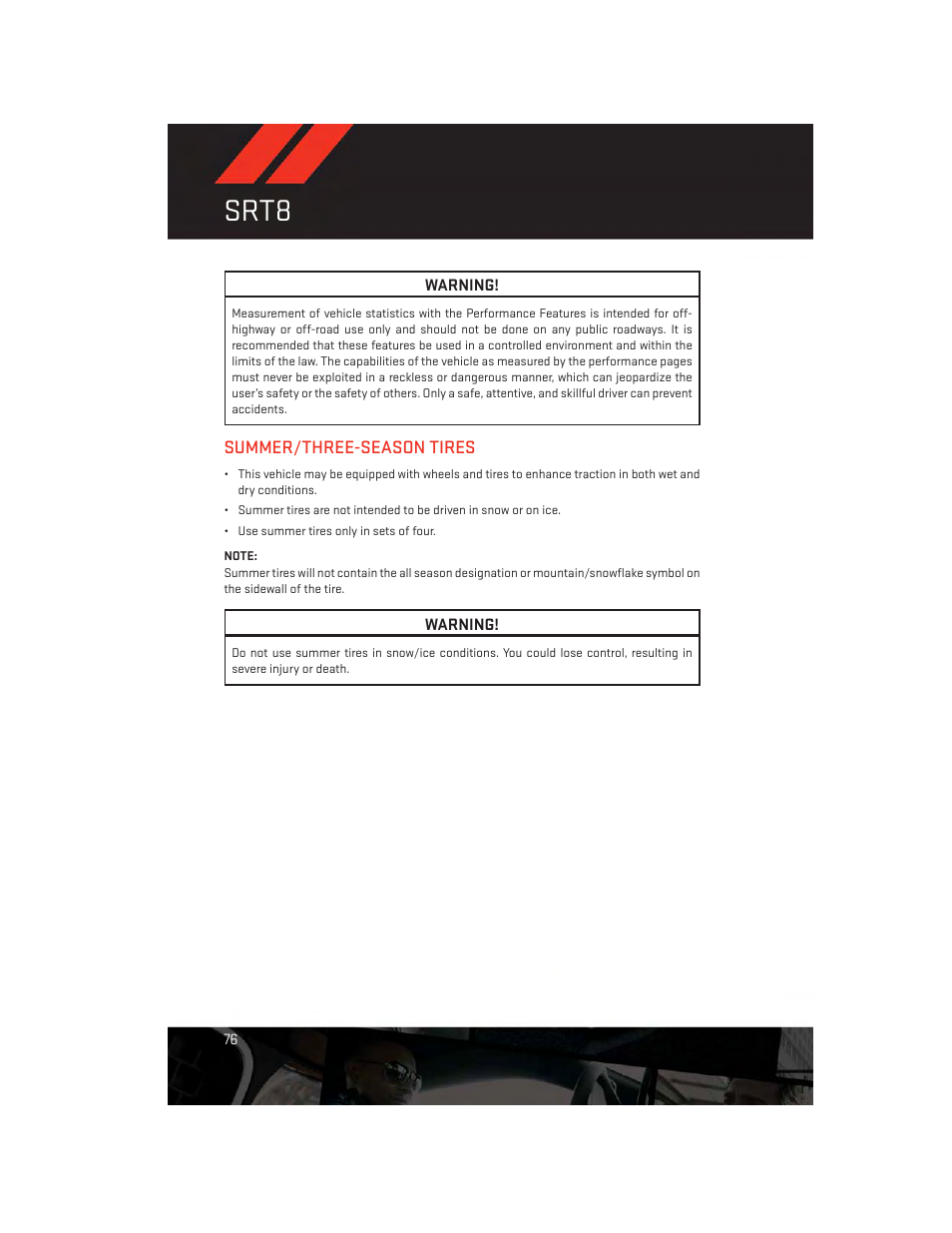 Summer/three-season tires, Srt8 | Dodge 2012 Challenger-SRT - User Guide User Manual | Page 78 / 132