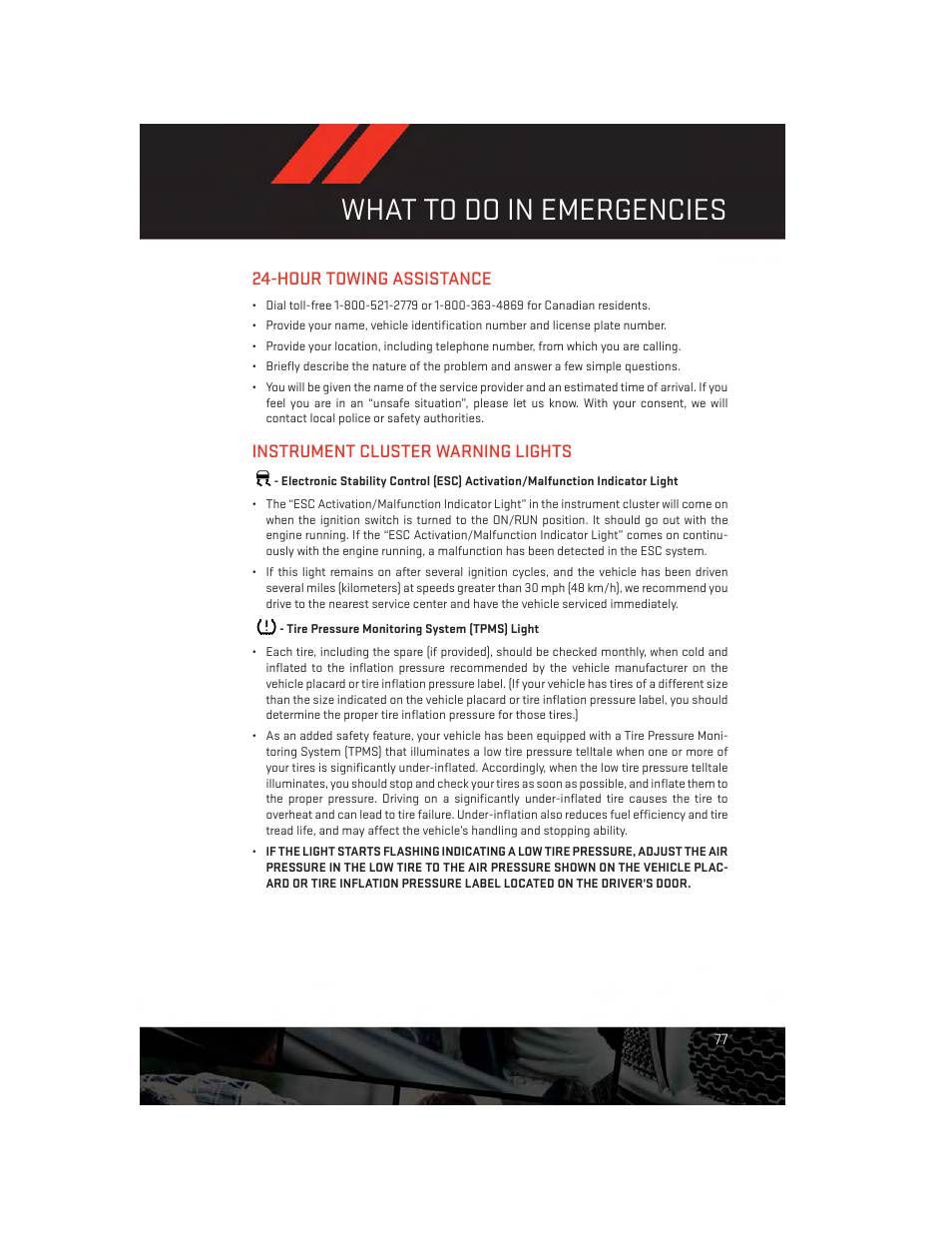 What to do in emergencies, Hour towing assistance, Instrument cluster warning lights | Tire pressure monitoring system (tpms) light | Dodge 2012 Challenger-SRT - User Guide User Manual | Page 79 / 132