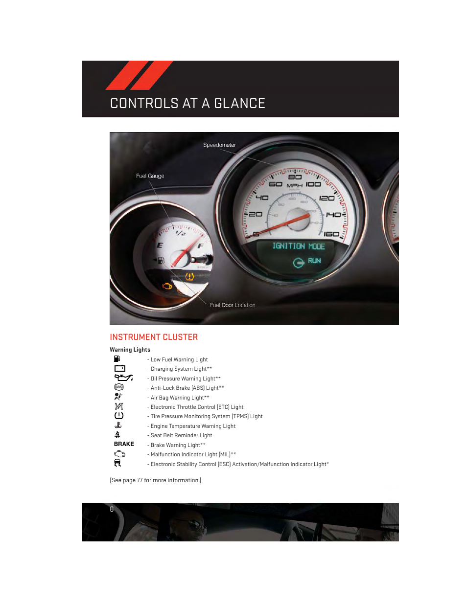 Instrument cluster, Warning lights, Controls at a glance | Dodge 2012 Challenger-SRT - User Guide User Manual | Page 8 / 132