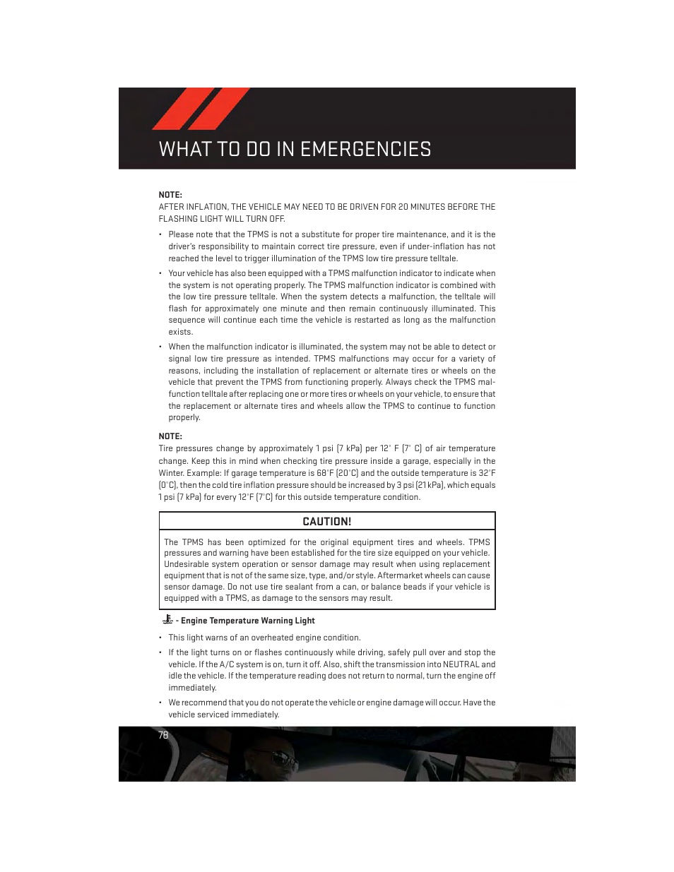 Engine temperature warning light, What to do in emergencies | Dodge 2012 Challenger-SRT - User Guide User Manual | Page 80 / 132