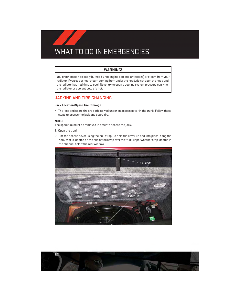 Jacking and tire changing, Jack location/spare tire stowage, What to do in emergencies | Dodge 2012 Challenger-SRT - User Guide User Manual | Page 84 / 132