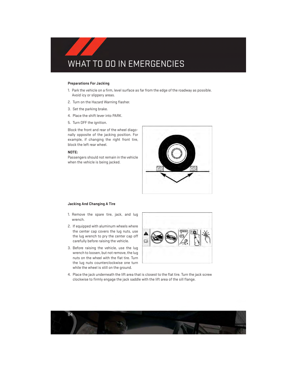 Preparations for jacking, Jacking and changing a tire, What to do in emergencies | Dodge 2012 Challenger-SRT - User Guide User Manual | Page 86 / 132