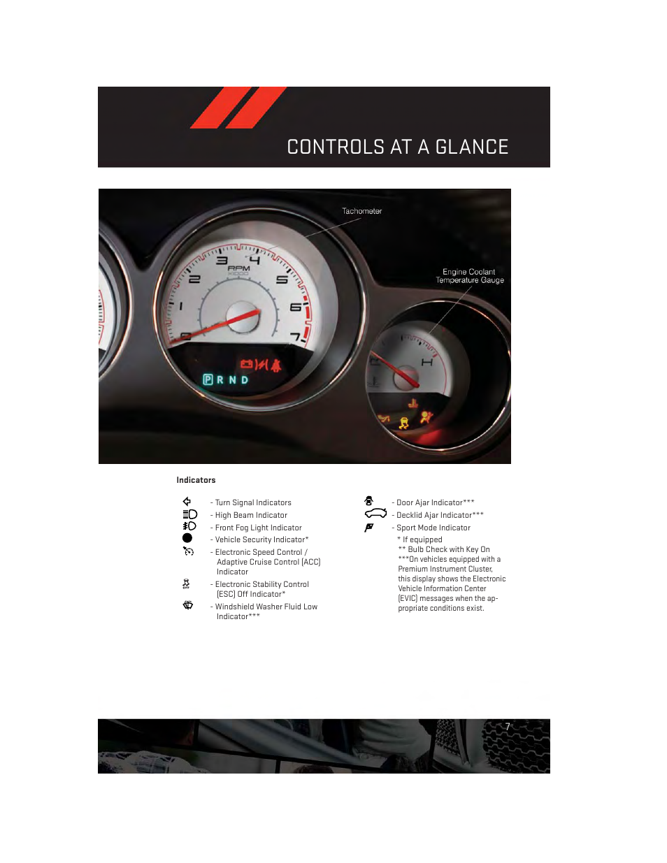 Indicators, Controls at a glance | Dodge 2012 Challenger-SRT - User Guide User Manual | Page 9 / 132