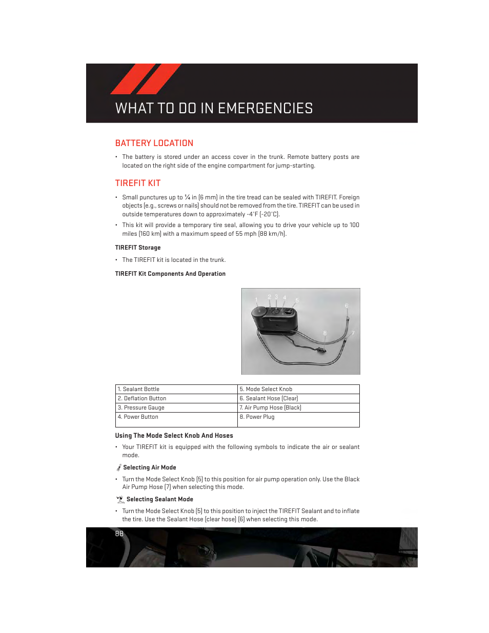 Battery location, Tirefit kit, Tirefit storage | Tirefit kit components and operation, What to do in emergencies | Dodge 2012 Challenger-SRT - User Guide User Manual | Page 90 / 132