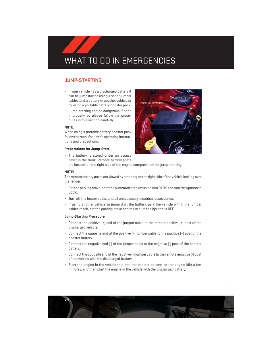 Jump-starting, Preparations for jump-start, Jump-starting procedure | What to do in emergencies | Dodge 2012 Challenger-SRT - User Guide User Manual | Page 96 / 132