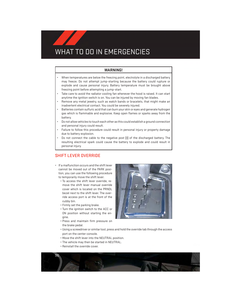 Shift lever override, What to do in emergencies | Dodge 2012 Challenger-SRT - User Guide User Manual | Page 98 / 132