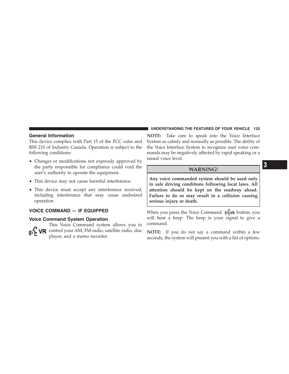 General information, Voice command — if equipped, Voice command system operation | Dodge 2012 Challenger-SRT - Owner Manual User Manual | Page 125 / 471