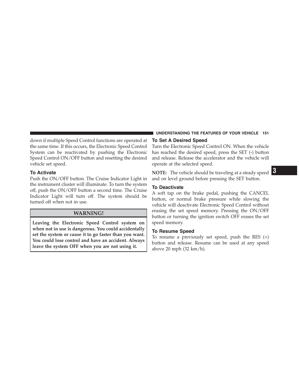 To activate, To set a desired speed, To deactivate | To resume speed | Dodge 2012 Challenger-SRT - Owner Manual User Manual | Page 153 / 471