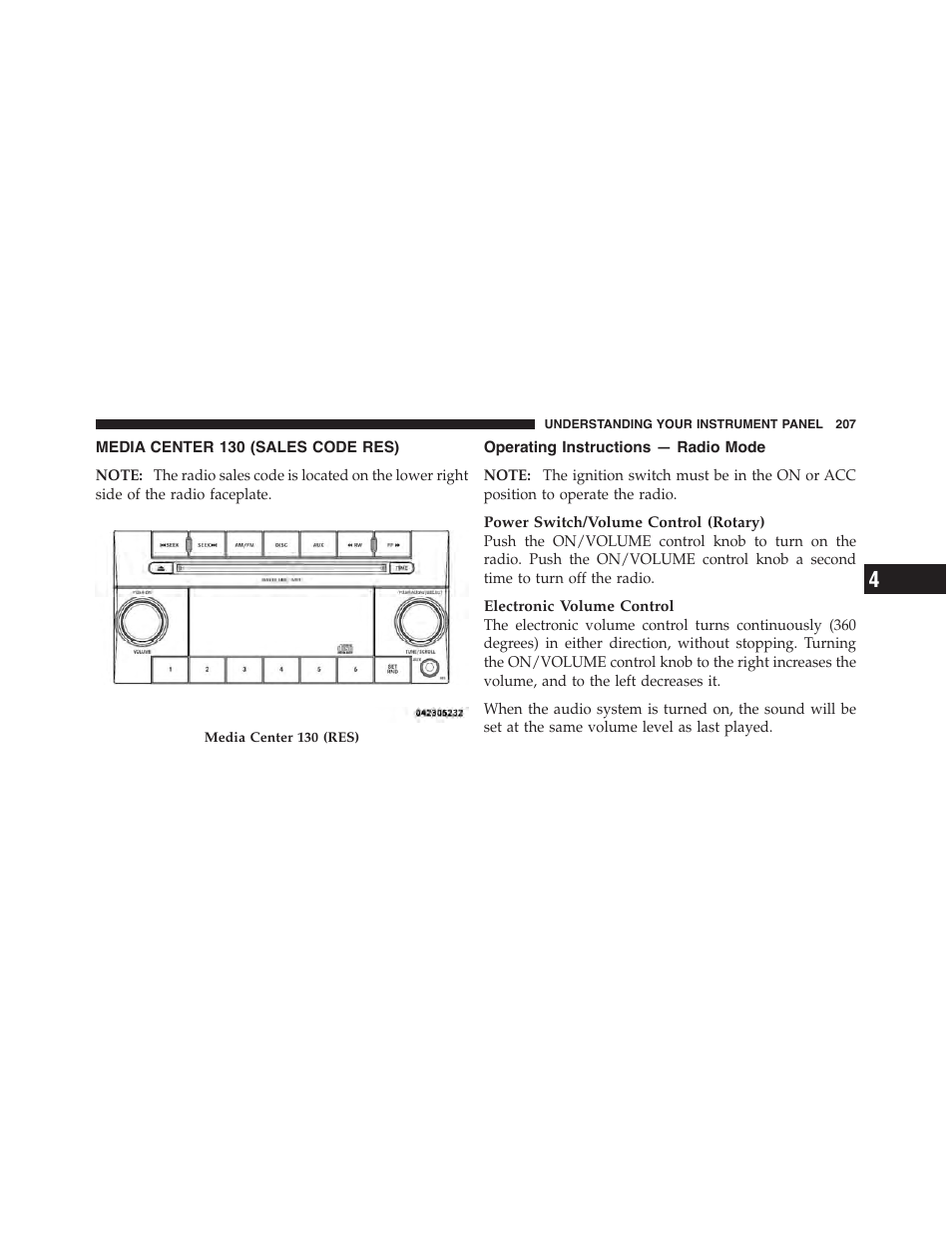 Media center 130 (sales code res), Operating instructions — radio mode | Dodge 2012 Challenger-SRT - Owner Manual User Manual | Page 209 / 471