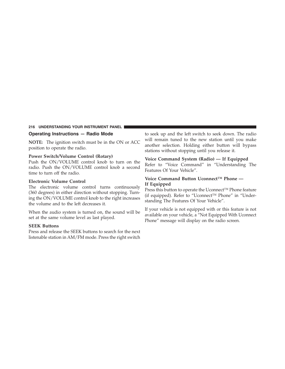 Operating instructions — radio mode | Dodge 2012 Challenger-SRT - Owner Manual User Manual | Page 218 / 471
