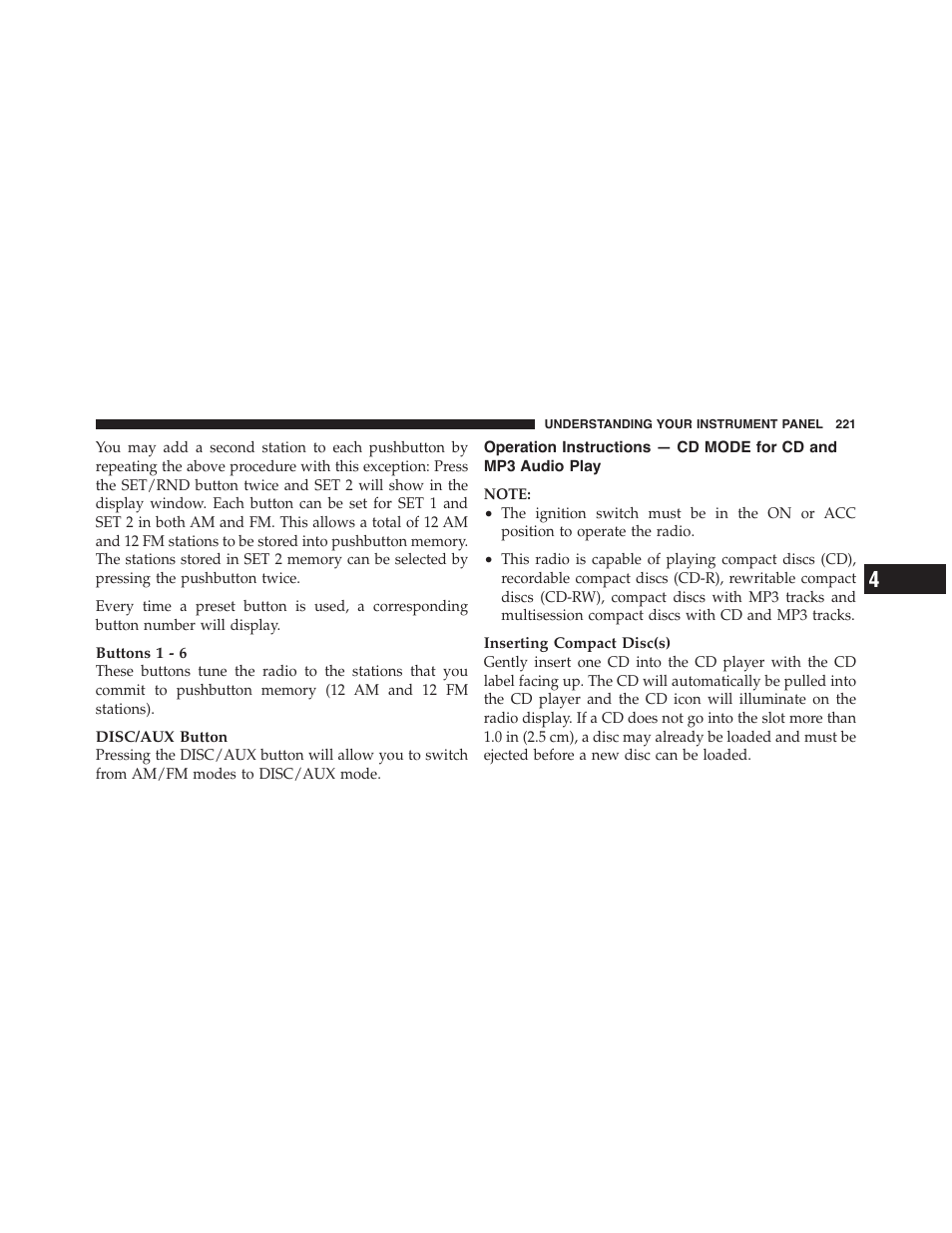 Operation instructions — cd mode for cd, And mp3 audio play | Dodge 2012 Challenger-SRT - Owner Manual User Manual | Page 223 / 471