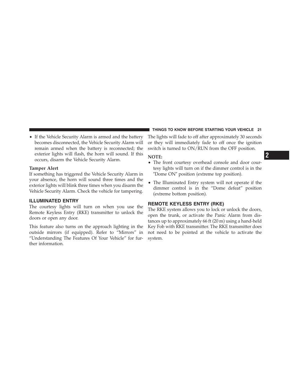 Illuminated entry, Remote keyless entry (rke) | Dodge 2012 Challenger-SRT - Owner Manual User Manual | Page 23 / 471