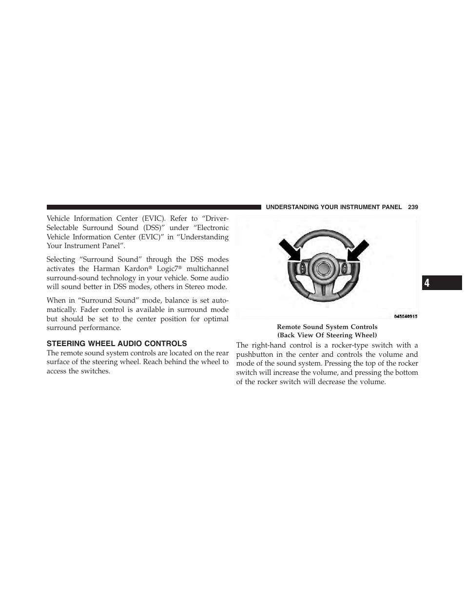 Steering wheel audio controls | Dodge 2012 Challenger-SRT - Owner Manual User Manual | Page 241 / 471