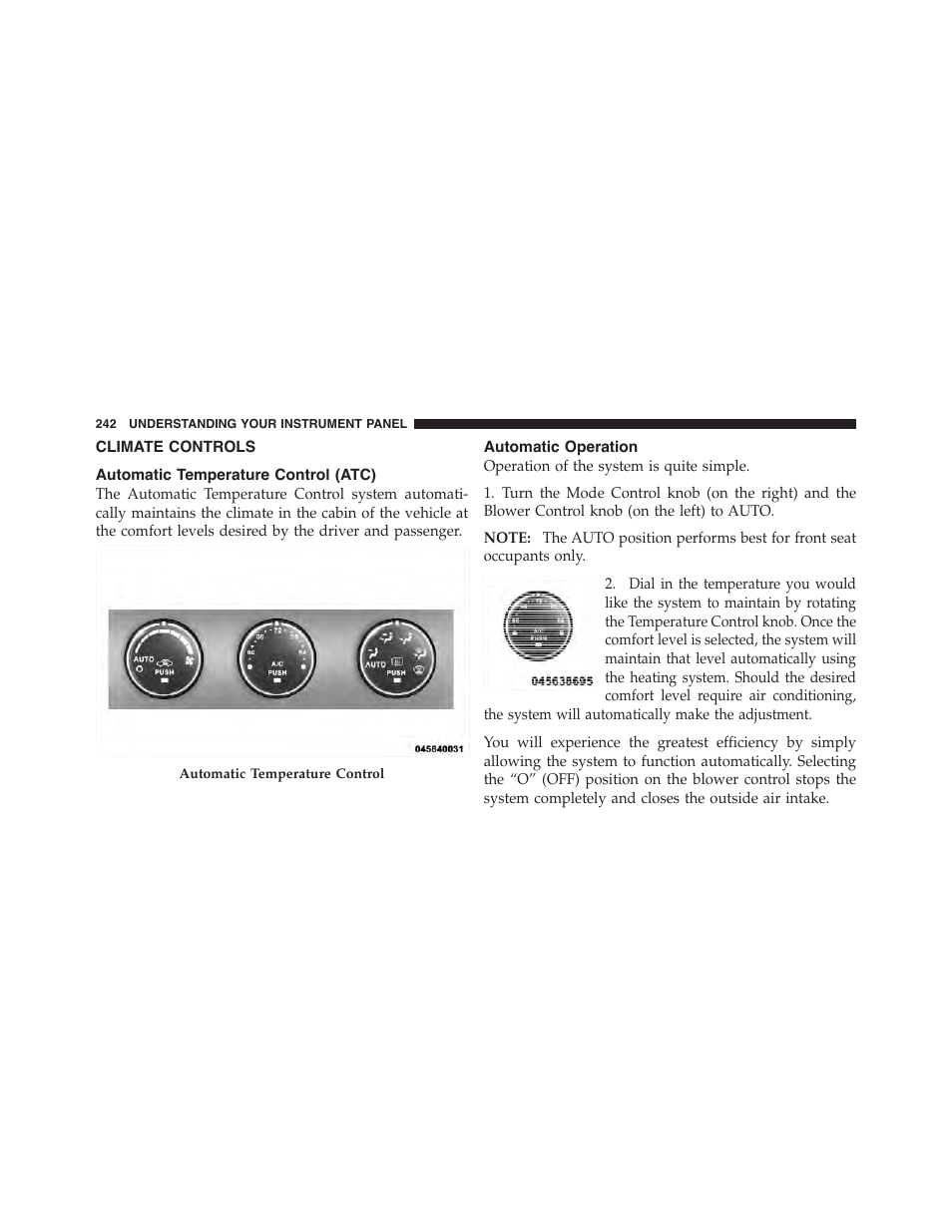 Climate controls, Automatic temperature control (atc), Automatic operation | Dodge 2012 Challenger-SRT - Owner Manual User Manual | Page 244 / 471