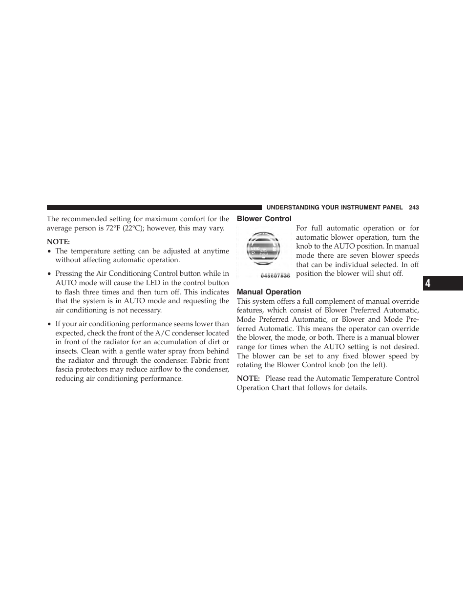 Blower control, Manual operation | Dodge 2012 Challenger-SRT - Owner Manual User Manual | Page 245 / 471