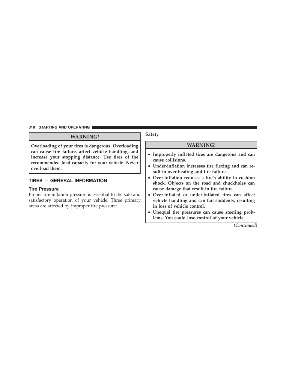 Tires — general information, Tire pressure | Dodge 2012 Challenger-SRT - Owner Manual User Manual | Page 312 / 471