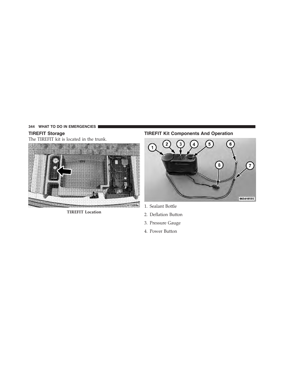 Tirefit storage, Tirefit kit components and operation | Dodge 2012 Challenger-SRT - Owner Manual User Manual | Page 346 / 471