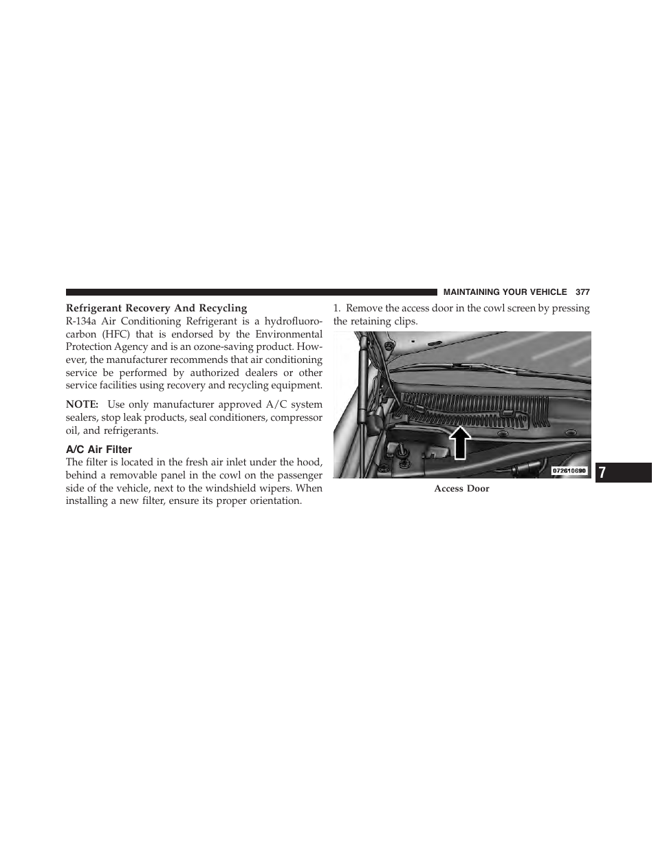 A/c air filter | Dodge 2012 Challenger-SRT - Owner Manual User Manual | Page 379 / 471