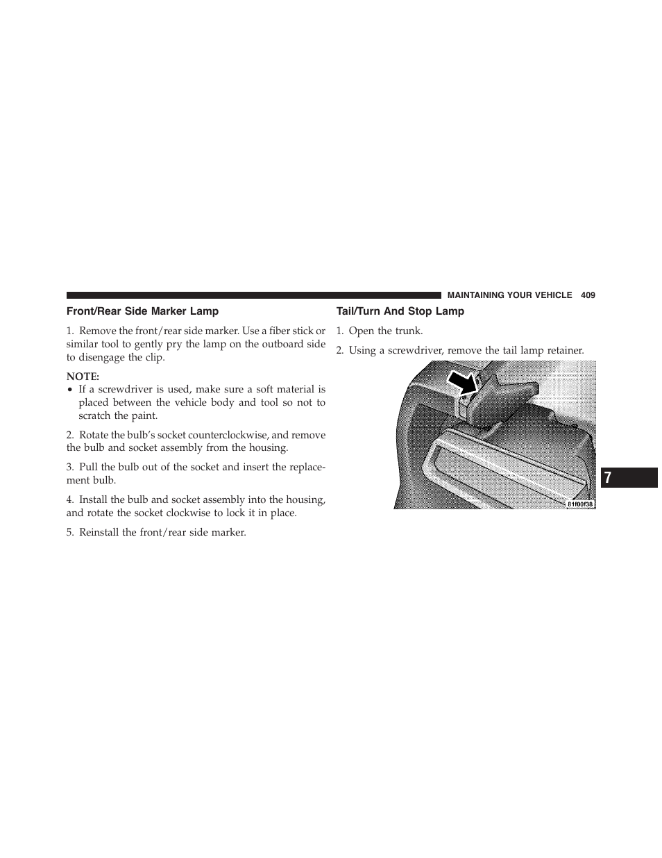 Front/rear side marker lamp, Tail/turn and stop lamp | Dodge 2012 Challenger-SRT - Owner Manual User Manual | Page 411 / 471