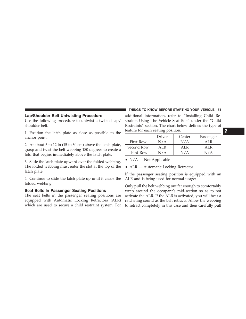 Lap/shoulder belt untwisting procedure, Seat belts in passenger seating positions | Dodge 2012 Challenger-SRT - Owner Manual User Manual | Page 53 / 471