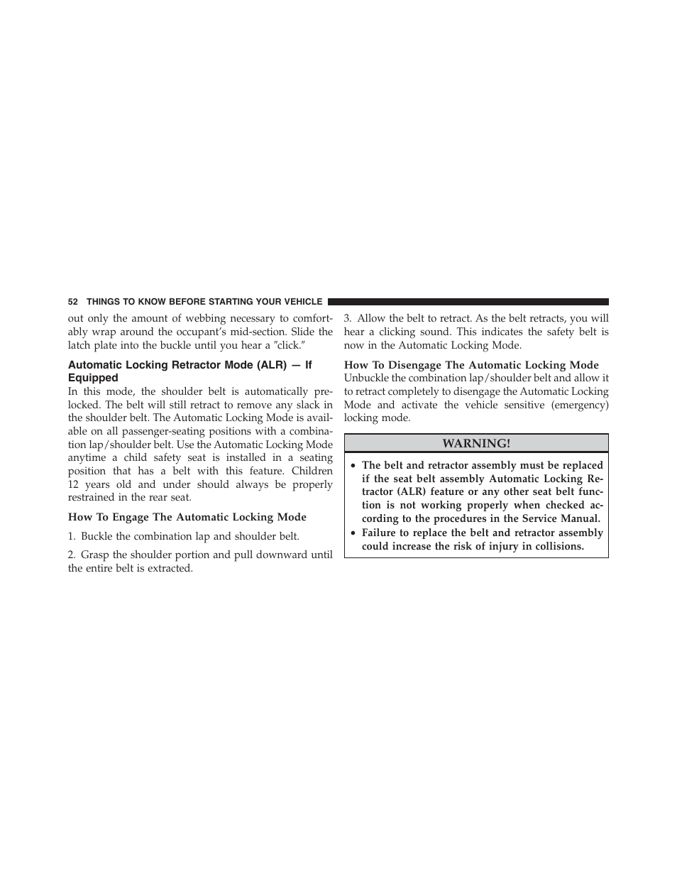 Automatic locking retractor mode (alr), If equipped | Dodge 2012 Challenger-SRT - Owner Manual User Manual | Page 54 / 471