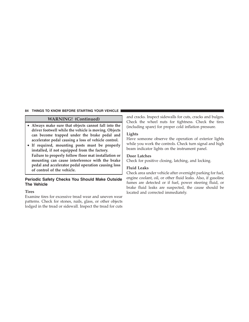 Periodic safety checks you should make, Outside the vehicle | Dodge 2012 Challenger-SRT - Owner Manual User Manual | Page 86 / 471