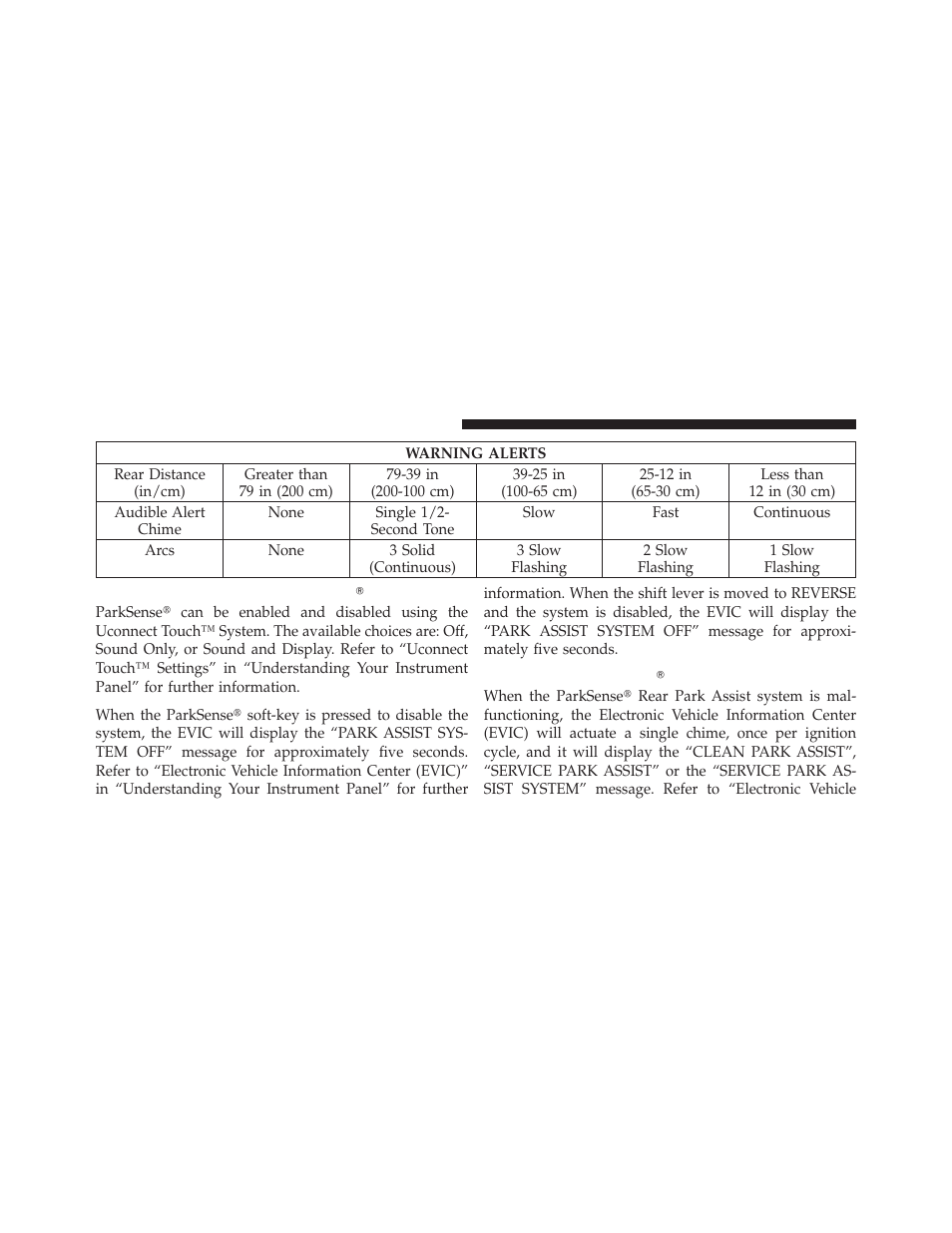 Enabling and disabling parksenseĥ, Service the parksenseĥ rear park assist system, Enabling and disabling parksense | Service the parksense௡ rear park assist, System | Dodge 2012 Charger - Owner Manual User Manual | Page 252 / 594