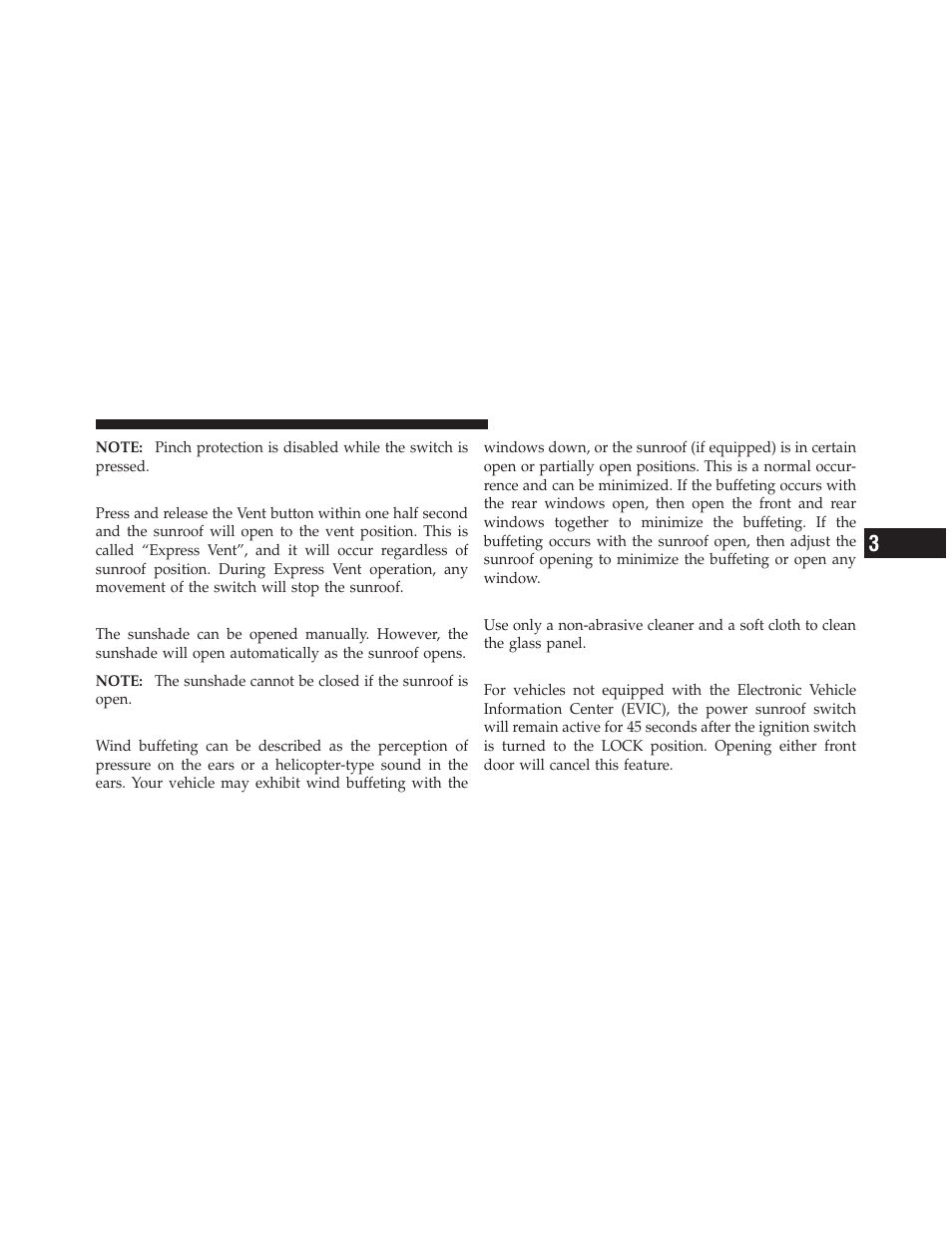 Venting sunroof — express, Sunshade operation, Wind buffeting | Sunroof maintenance, Ignition off operation | Dodge 2012 Charger - Owner Manual User Manual | Page 271 / 594