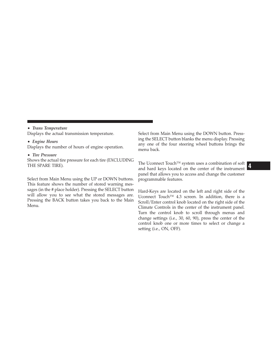 Messages, Turn menu off, Uconnect touch™ settings | Hard-keys | Dodge 2012 Charger - Owner Manual User Manual | Page 315 / 594