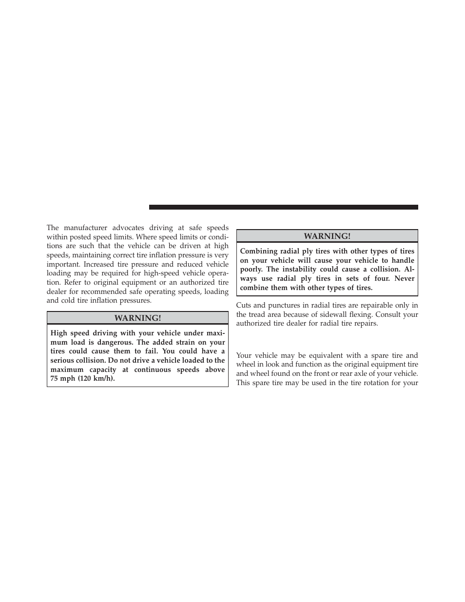 Tire pressures for high speed operation, Radial ply tires, Spare tire matching original equipped tire | And wheel – if equipped | Dodge 2012 Charger - Owner Manual User Manual | Page 418 / 594