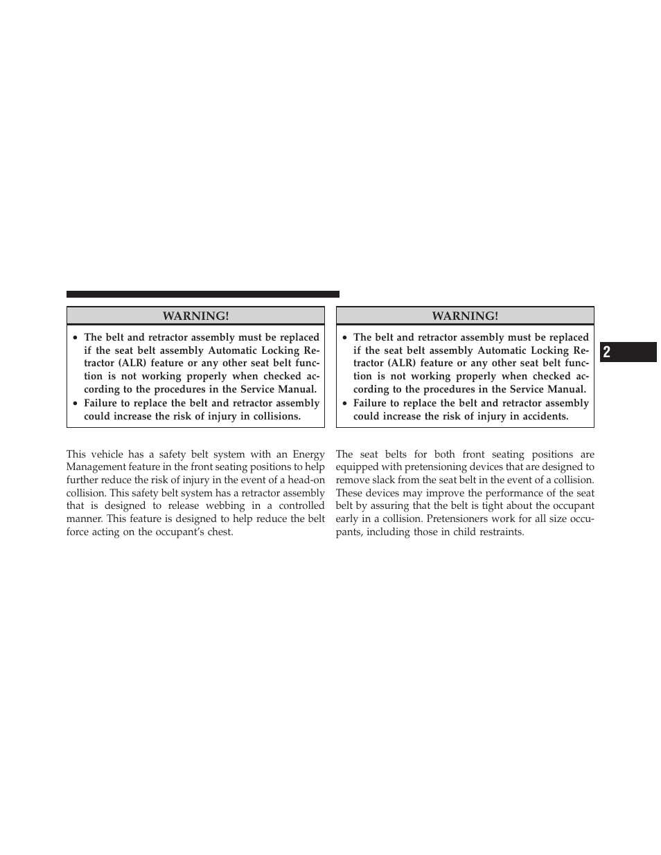 Energy management feature, Seat belt pretensioners | Dodge 2012 Charger - Owner Manual User Manual | Page 53 / 594