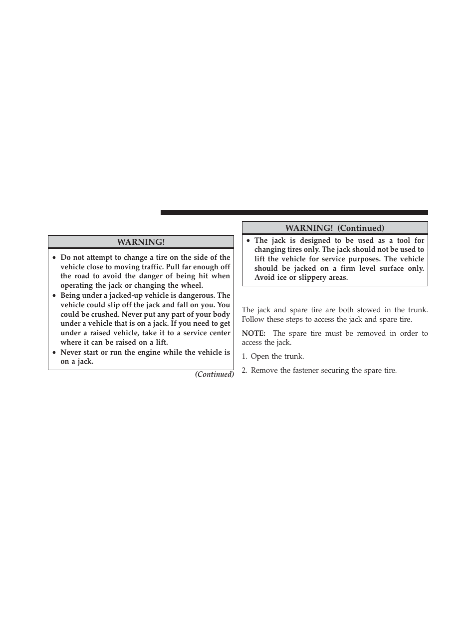 Jacking and tire changing, Jack location/spare tire stowage | Dodge 2012 Charger - Supplement User Manual | Page 42 / 63