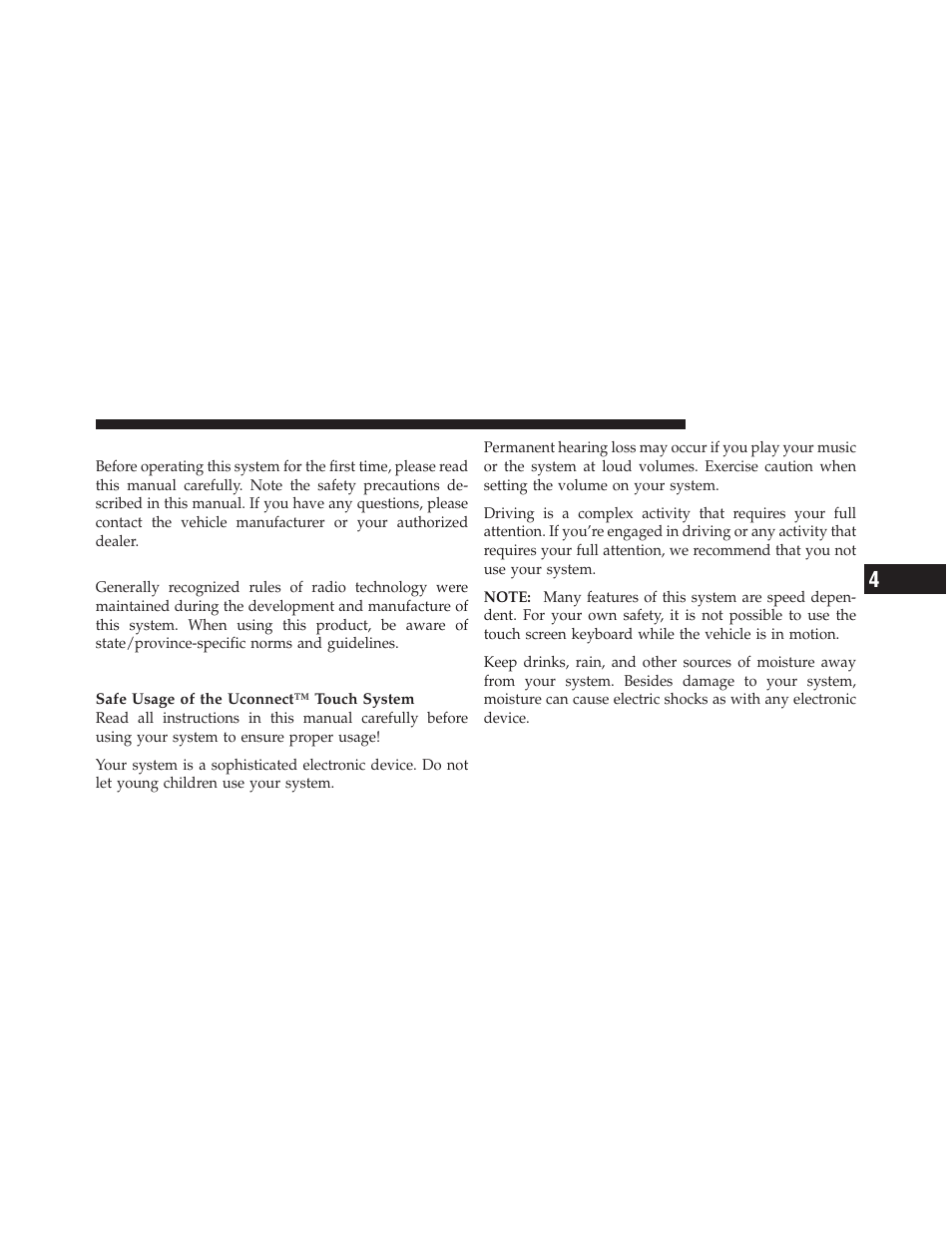 Safety references, Intended use, System care | Chrysler 2012 300 - Uconnect Manual User Manual | Page 124 / 130
