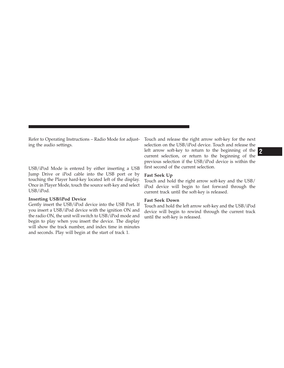 Audio, Operating instructions – usb/ipod mode, Overview | Seek up/down | Chrysler 2012 300 - Uconnect Manual User Manual | Page 26 / 130