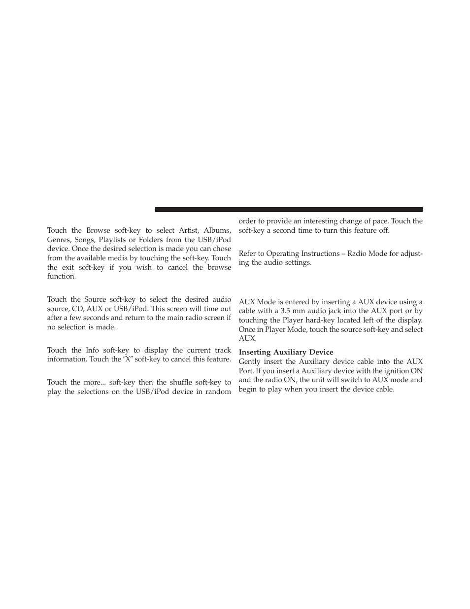 Browse, Source, Info | Shuffle, Audio, Operating instructions – aux mode, Overview | Chrysler 2012 300 - Uconnect Manual User Manual | Page 27 / 130
