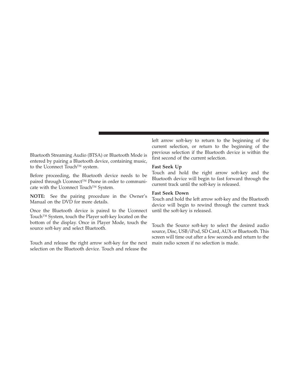 Operating instructions – bluetooth mode, Overview, Seek up/down | Source | Chrysler 2012 300 - Uconnect Manual User Manual | Page 71 / 130